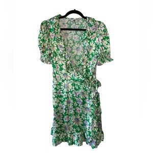 Top Shop Green Floral Ruffled Mini Wrap Dress 8 Deep V Neckline Y2K Coquette